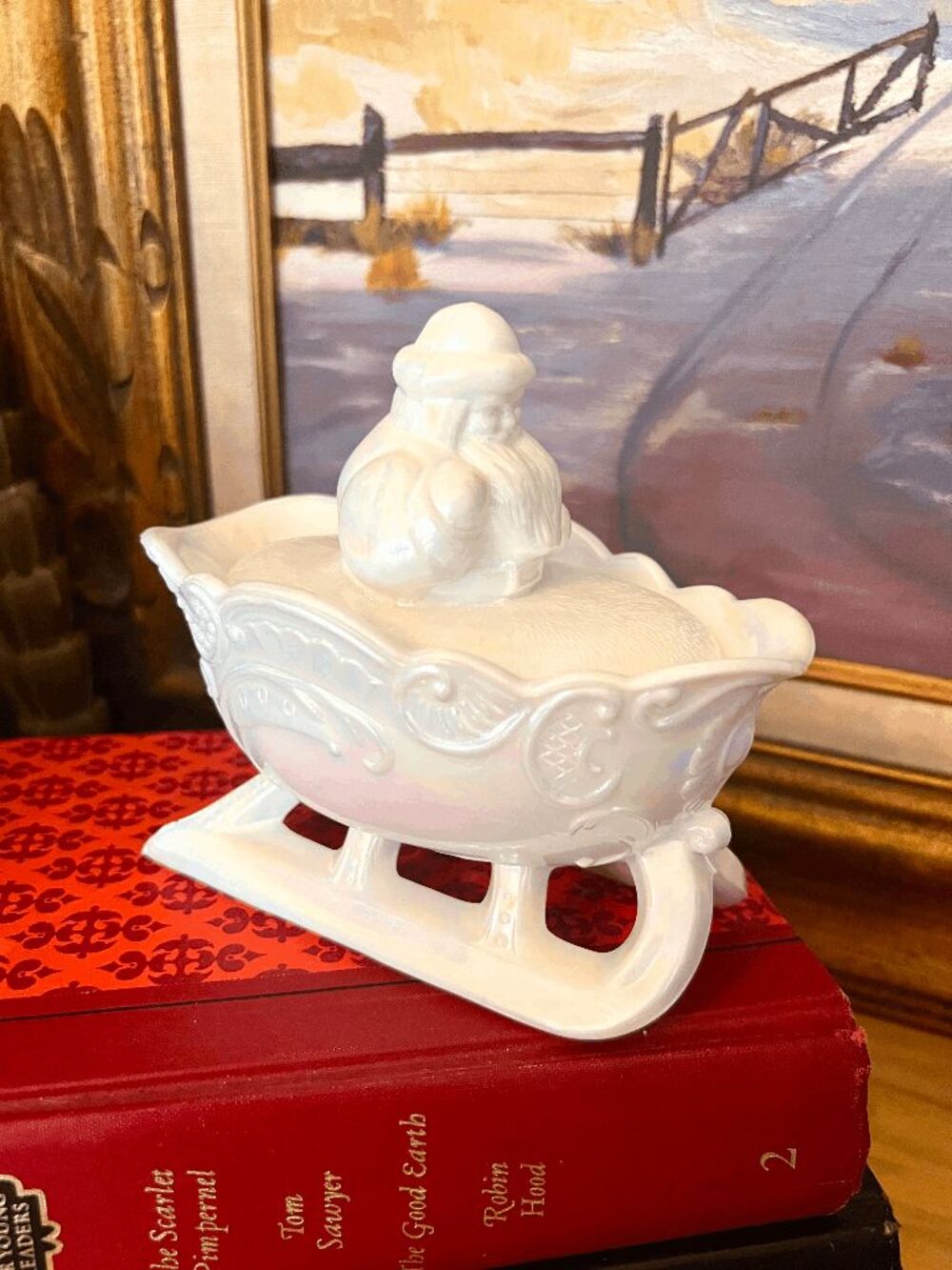 Mosser Glass Santa Sleigh Covered Candy Milk Carnival Glass